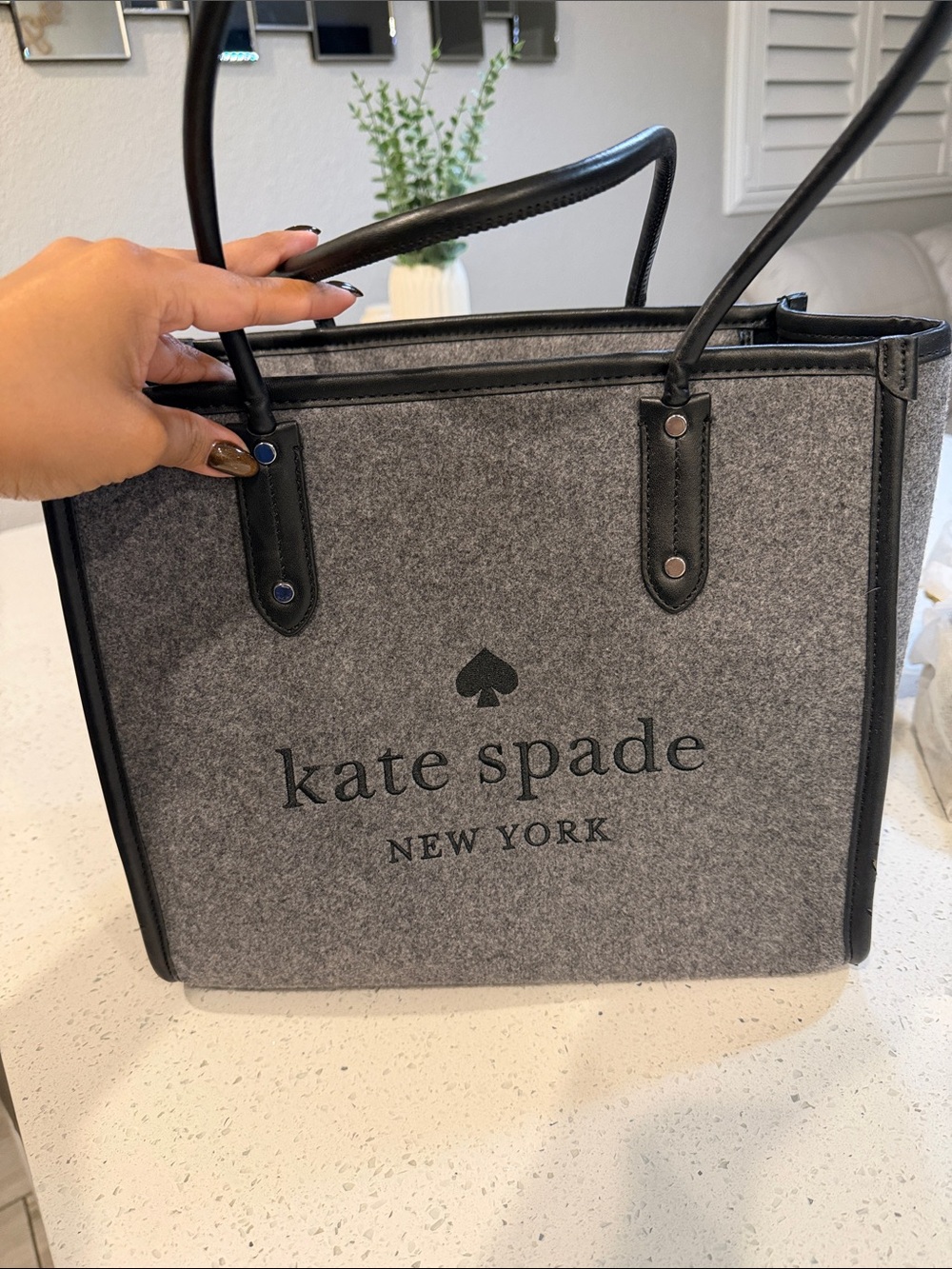 kate spade Gray Felt Tote with Black Trim